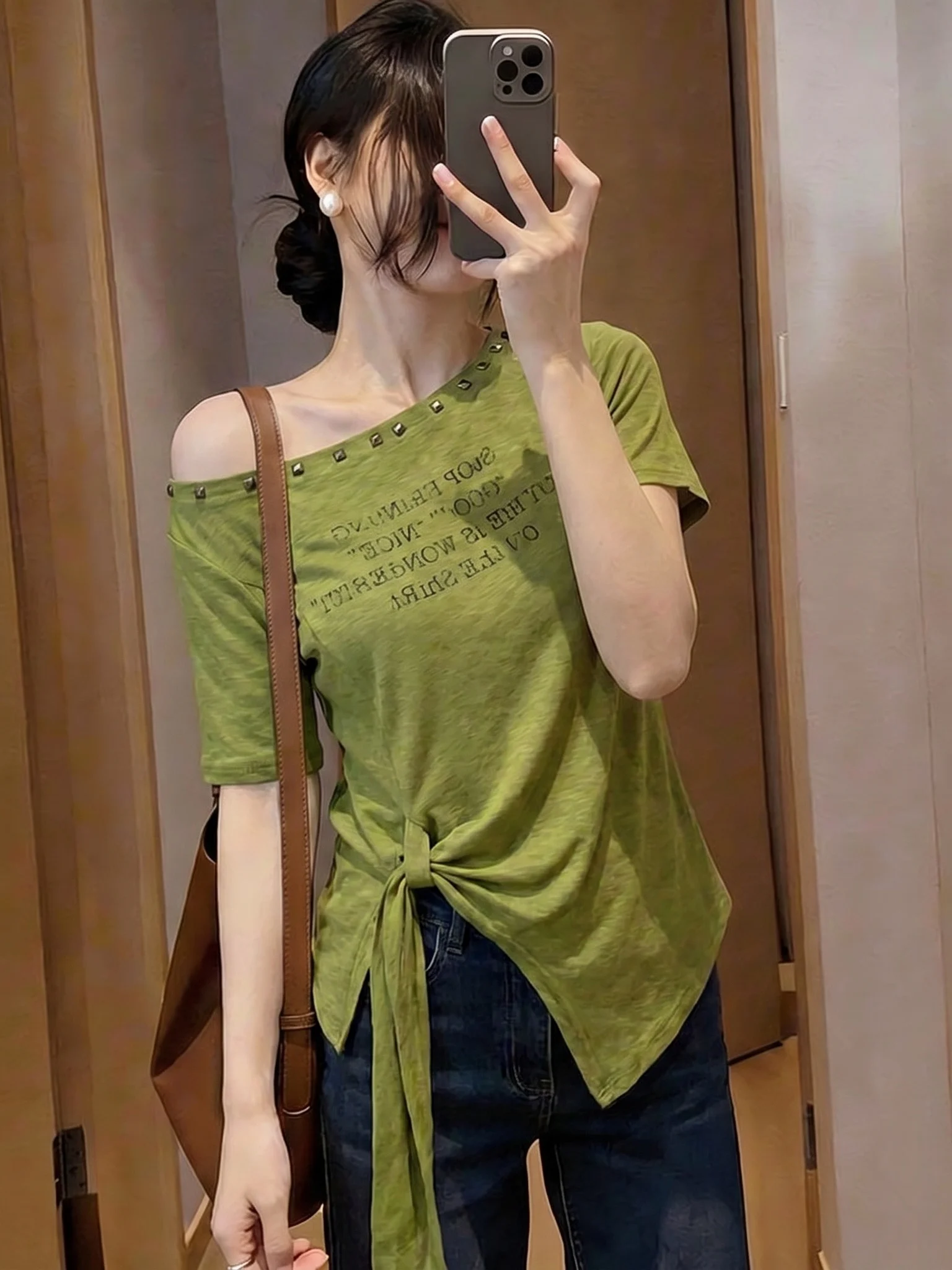

Avocado Green Shoulder Bared Short Sleeve T-Shirt Women's plus Size Belted Waist Top Korean Style Summer New Arrival