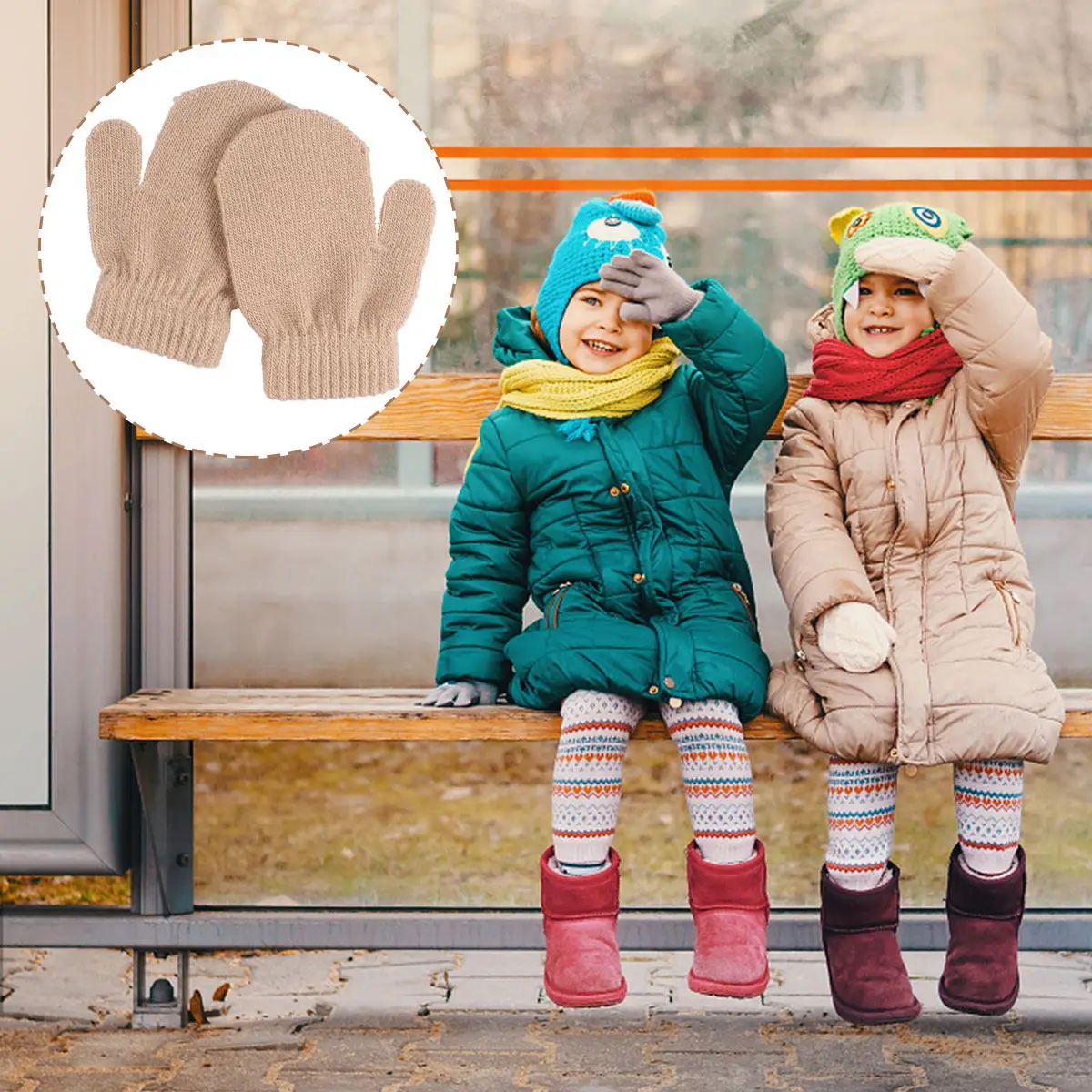 

12Pairs Winter Warm Gloves Acrylic Children Neutral Solid Color Knitted Kids Full Finger Protection Chidren's Gloves