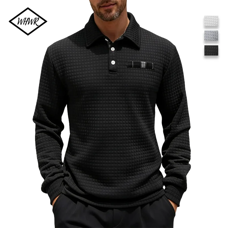 

Spring Autumn Men Polo Pullover Knitted Jacquard Grid Solid Color Casual Long Sleeved Sweatshirts Male Daily Henley Streetwear