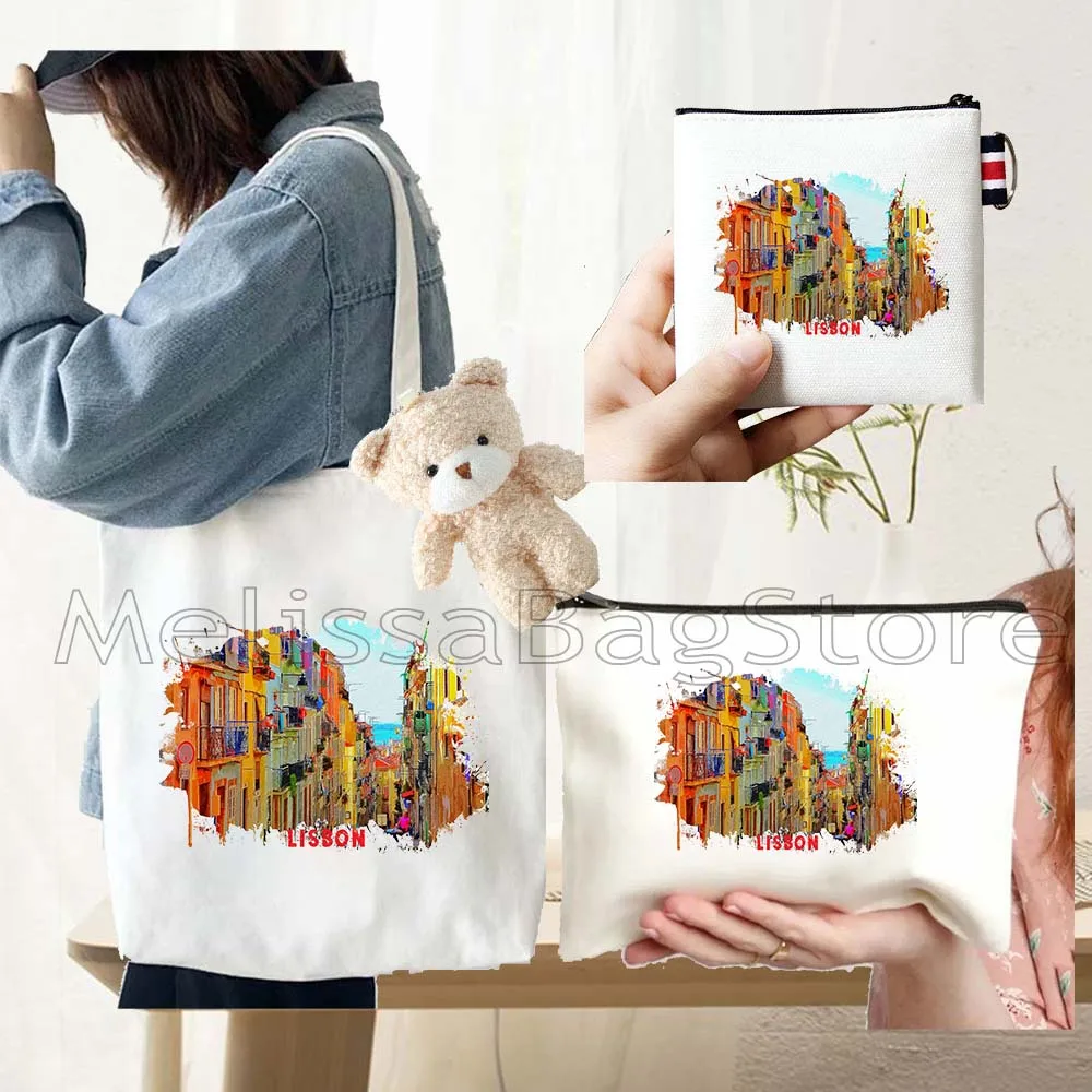 4PCS Gifts Set lisbon Portugal White Canvas Tote Bag Handbag with Doll Key Coin Purse Cosmetic Makeup Toilet Bag Case Pouch