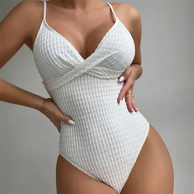 

Sexy White Textured Swimwear One Piece Swimsuit Women 2024 Cross V Neck Bathing Suit Swimming Wear Bather Beach Bodysuits New