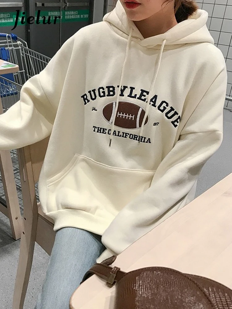 

Jielur Rugby Fleece Women Hoodie Beige Gray Blue Loose Casual Korean Style Sweatshirt Hooded Pull