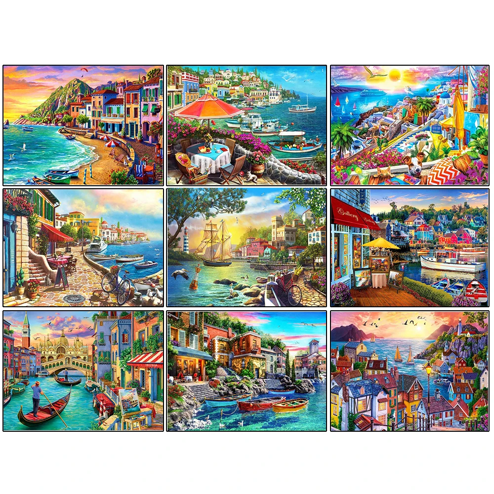 

Diamond Embroidery Seaside Full Drill Square Diamond Painting New 2022 Landscape Town Mosaic Cross Stitch Home Decor