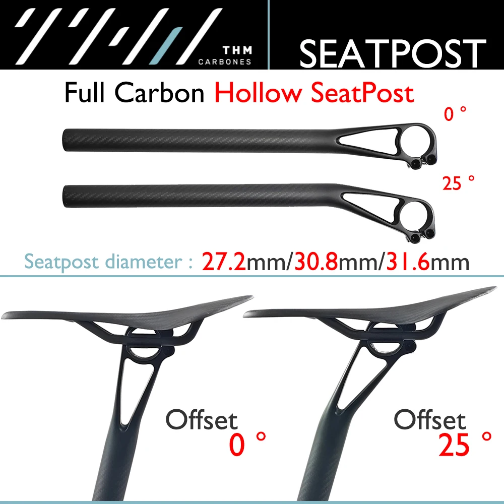 THM Full Carbon Hollow Seat Tube, For Road Bike, Gravel, 0°/25° 27.2/30.8/31.6mm*400mm，MTB Bicycle Carbon Seat Posts,