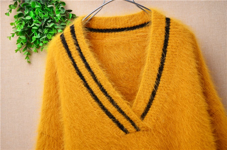 Female Women Spring Winter Clothing Colored Angora Rabbit Hair Knitted V-Neck Long Flare Sleeves Split Loose Pullover Sweater