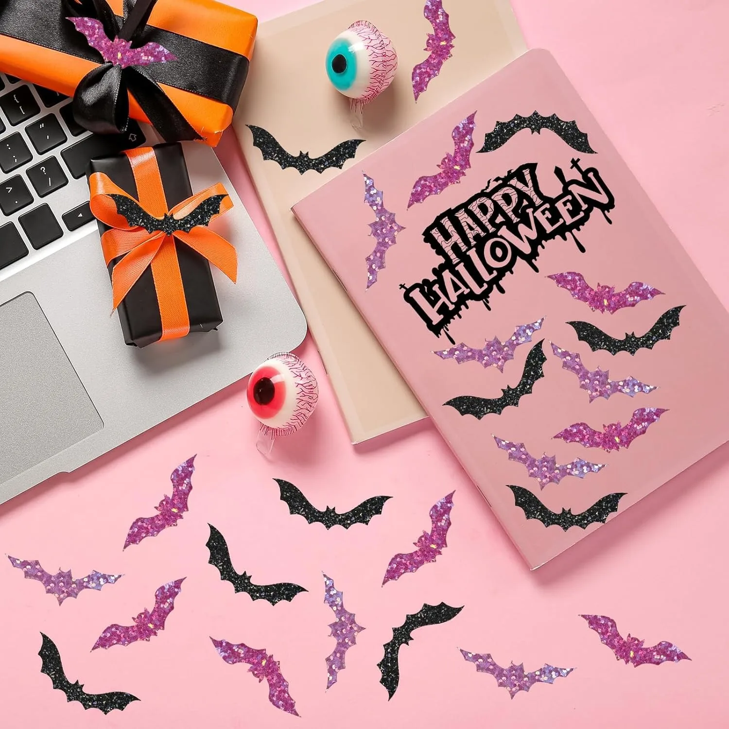 500pcs Halloween Bat Stickers Roll Laser Black Bat Waterproof 3 Designs Glitter Self-Adhesive Stickers for Halloween Party image 6