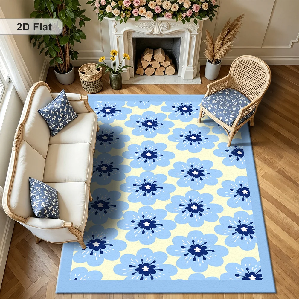 1 Piece Blue Low-Pile Carpet Suitable for Living Room and Bedroom - Vintage Modern Abstract Geometric Daisy Pattern Rug, with Backing, Machine Washable, Soft and Durable, Rectangular Shape