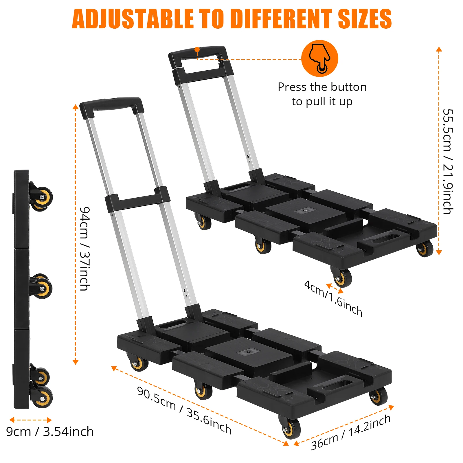 Folding Hand Truck 176 LB Capacity, Portable Collapsible Dolly with 6 Wheels & 2 Elastic Ropes, Plastic Base, Adjustable Handle