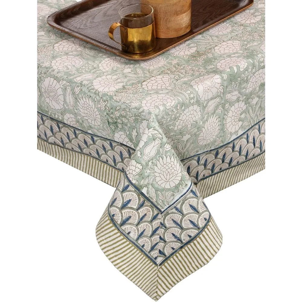 

Cotton Rectangle Boho Fall Tablecloth with Handblock Floral Pattern for Kitchen Dining and Wedding Parties