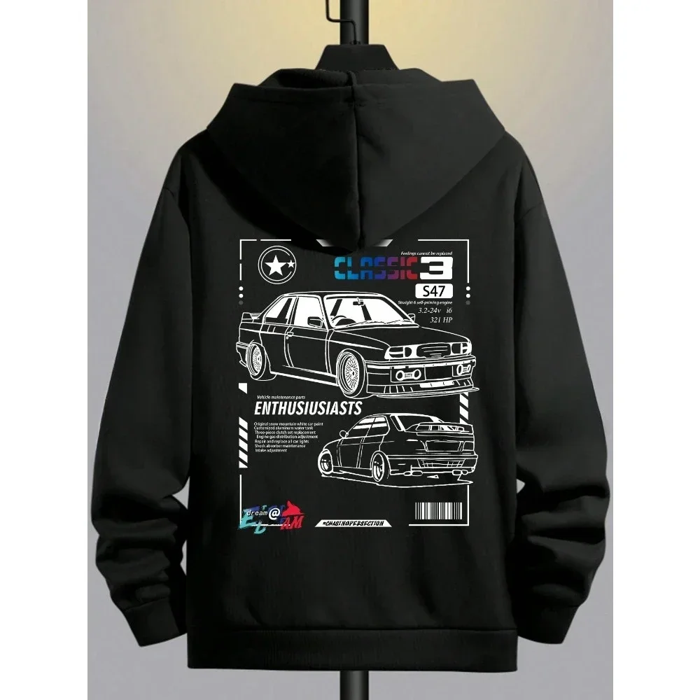 2024 Gorąca wyprzedaż Casual Manfinity EMRG Car Printed Letter Graphic Pullover Hoodie z polarową podszewką do pracy i sportu Streetwear