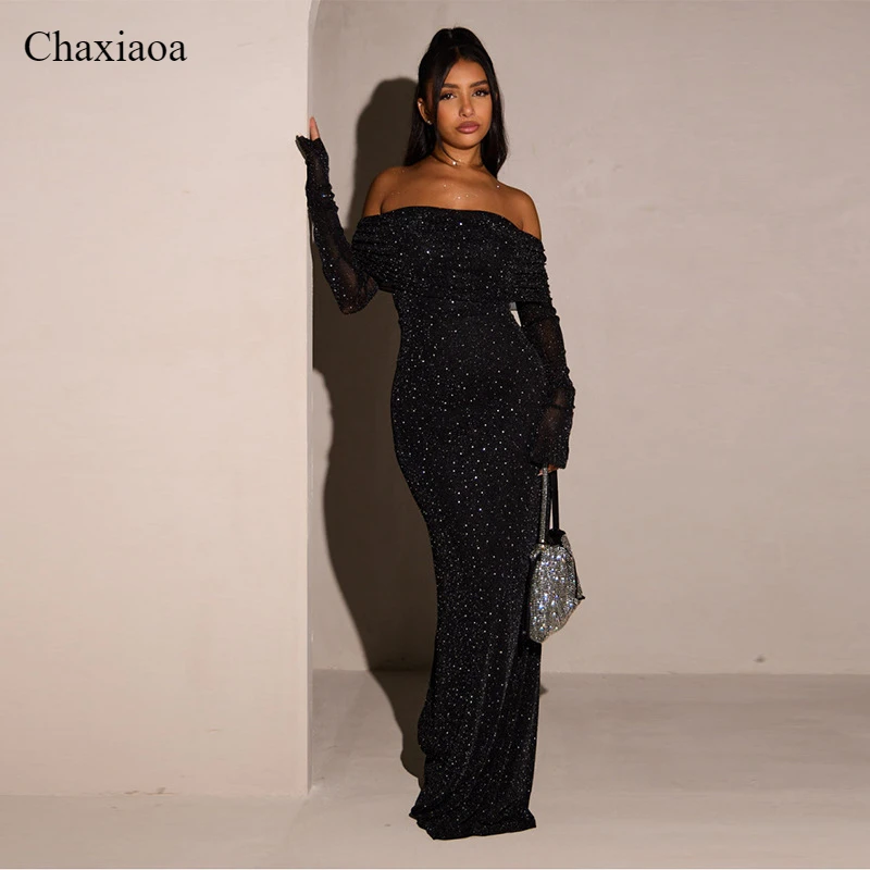 Chaxiaoa Glitzer Off-Shoulder Sexy Maxikleid für Damen Kleid Schwarz Trägerlos Langarm Bodycon Club Party Sparkle Langes Kleid