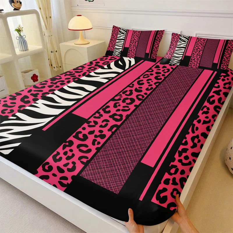 Pink Leopard Zebra Stripe Patchwork Fitted Sheet Set Elastic Non-slip Soft Fabric Y2K Coquette Girly Dorm Bedroom Bedding