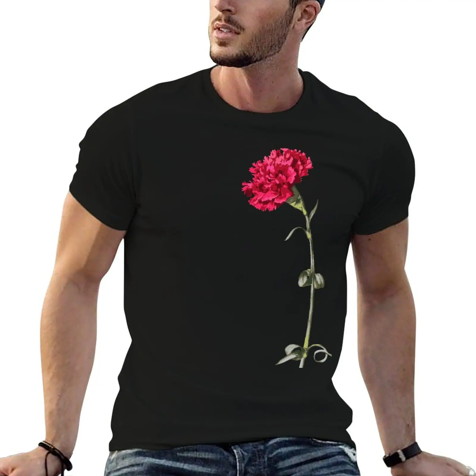 Single Stem Red Carnation Isolated T-Shirt Casual Soft Cotton Short Sleeve Tee