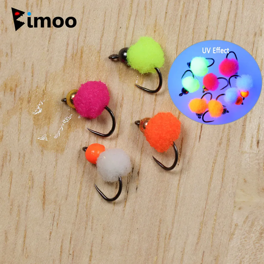 Bimoo 4PCS # 16 cuentas de latón fluorescentes cabeza sin púas huevo mosca Artificial salmón pez ovillo cebo trucha lubina Señuelos de pesca