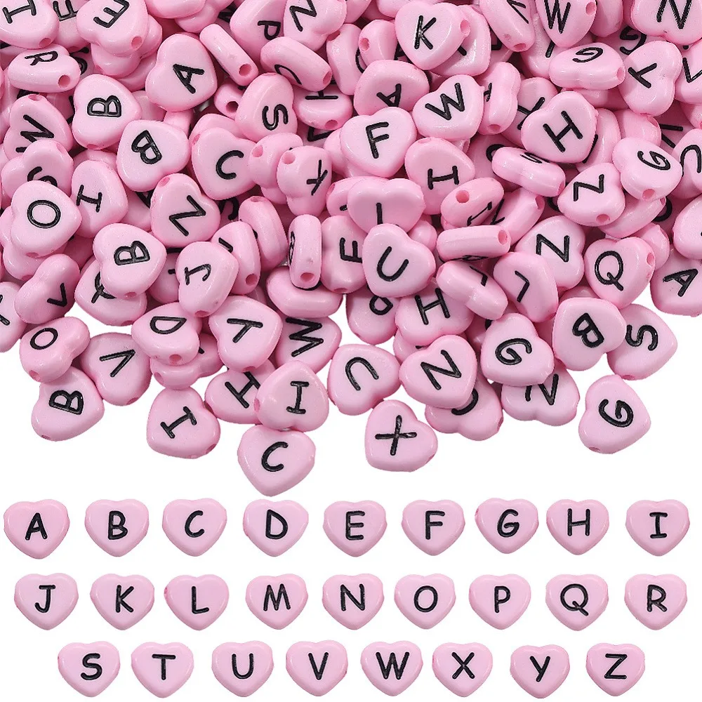 

300Pcs Horizontal Hole Opaque Acrylic Beads Heart with Random Letters Pink 10.5x11.5x4.5mm Hole: 2mm