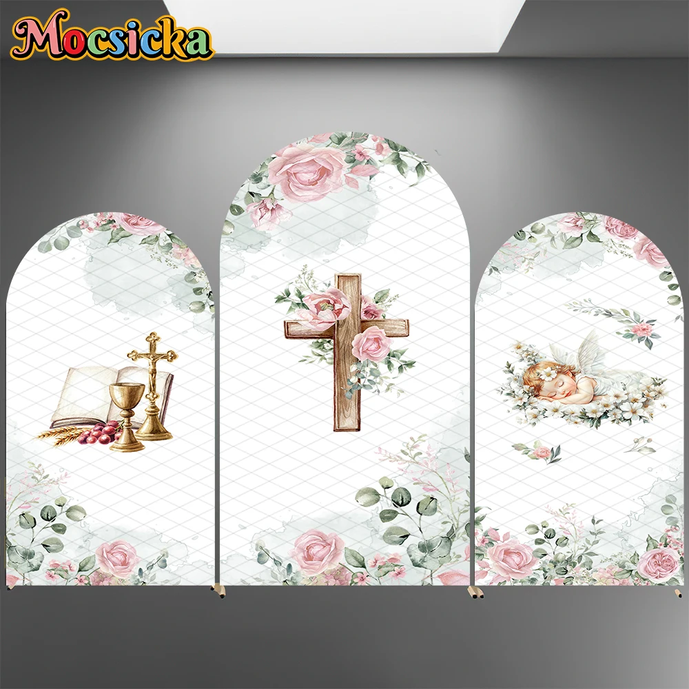 

Mocsicka Cross Arch Cover Backdrop Double-Faced Girl My First Communion Flower Decoration Baby Shower Birthday Arched Background