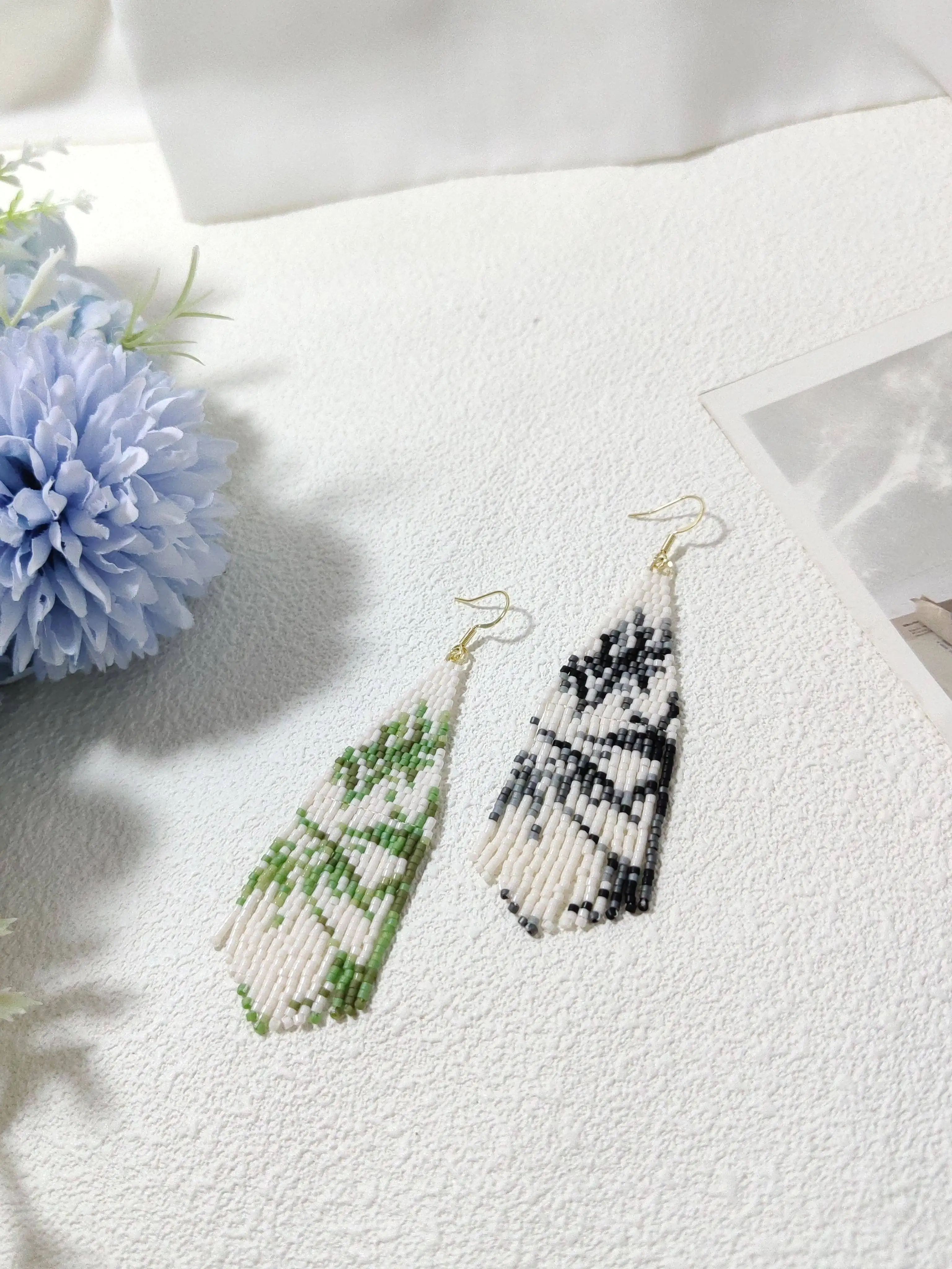 ZGMXR  Rice bead earrings Tassel Green Bamboo Ink Wash Painting Creativity Hand weaving Fashion  Bohemia Alloy Beaded earrings