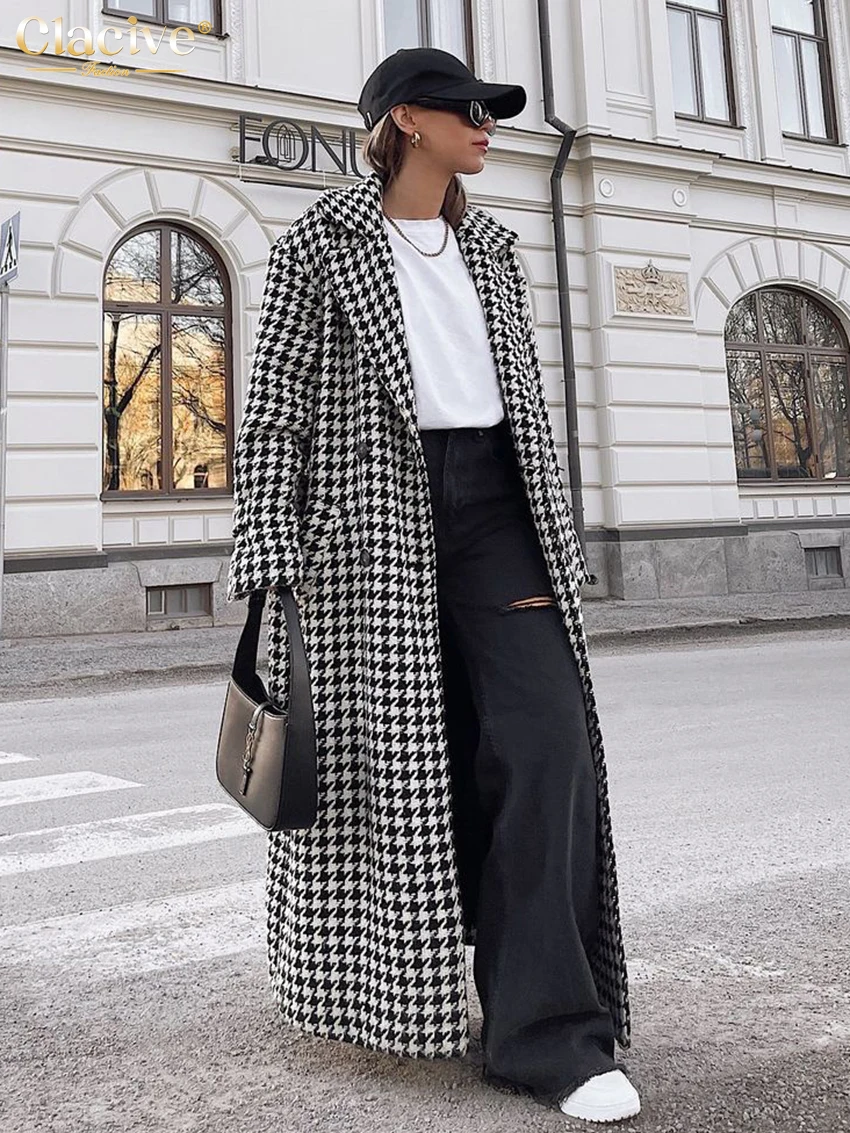 Clacive Winter Loose Houndstooth Women Coat Elegant Lapel Long Sleeve Office Jacket Trench Fashion Classic Warm Overcoat Female