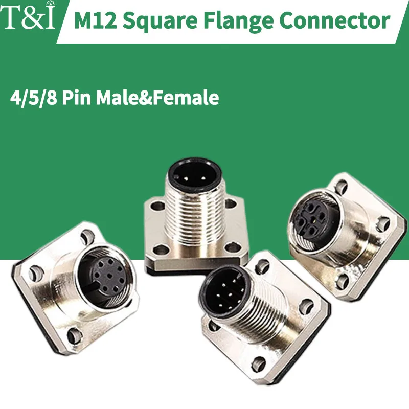 

5/10/100 Pcs M12 Aviation Plug Socket Square Flange Male and Female Seat 12mm 4/5/8 Pin Waterproof Connector Joint