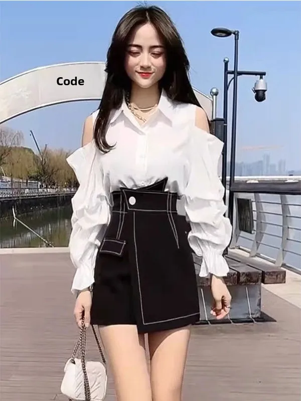 

Spring Autumn Women's Luxury Light Sensation Set Short Shirt Design Thin Shoulder Exposure Slimming Effect Two-Piece Set