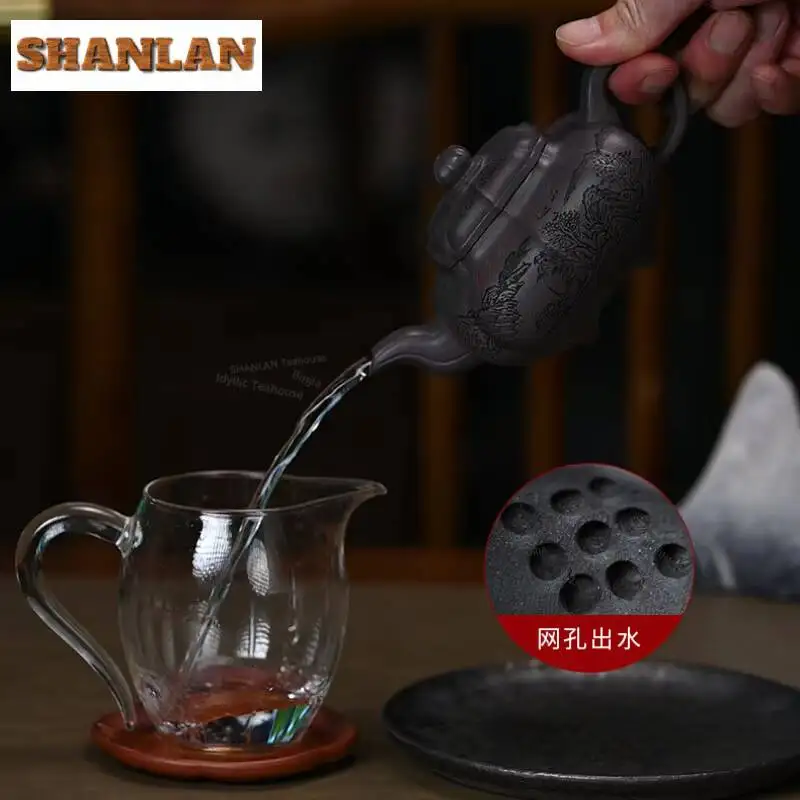 240ml Authentic Yixing Purple Clay Teapots Handmade Landscape Pot Raw Ore Reddish Black Mud Kettle Zisha Tea Set Decoration Gift