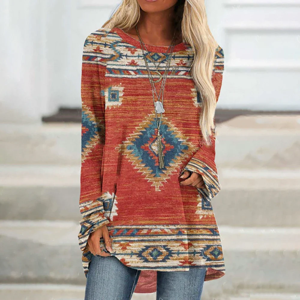 Feather Print Women\'s T-shirts Vintage Pattern Long Sleeves T shirt Indians Style Women Clothing Tops Autumn Loose Pullover