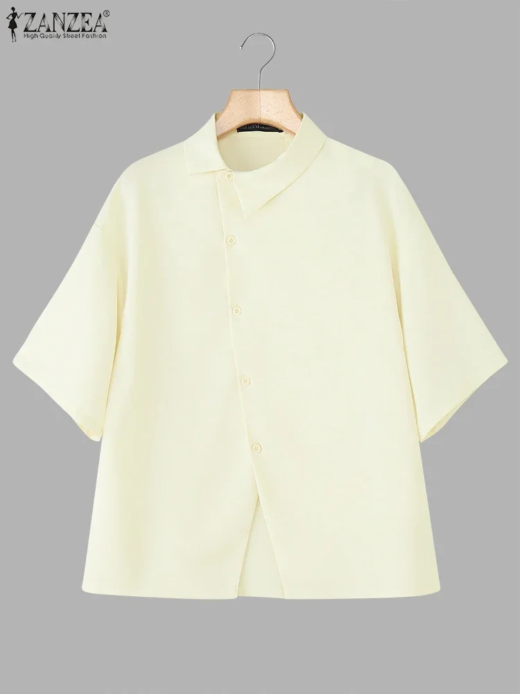 Camicie da lavoro OL da donna Bottoni asimmetrici Top ZANZEA 2025 Tunica casual Fahion Tinta unita Mezza manica Colletto rovesciato Blusas