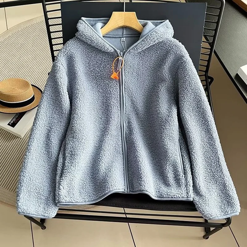 

Women Lamb Fur Jacket Winter Warm Thickened Loose Lamb Fur Fleece Lined Hooded Zipper Long Sleeve Jacket