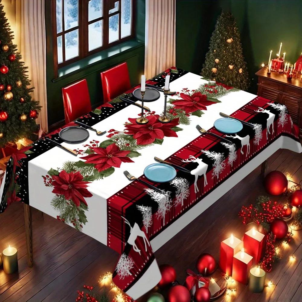 JIT 1pc rectangular tablecloth, in a Christmas style,featuring patterns of flowers, reindeer and pine trees in digital formatzyc