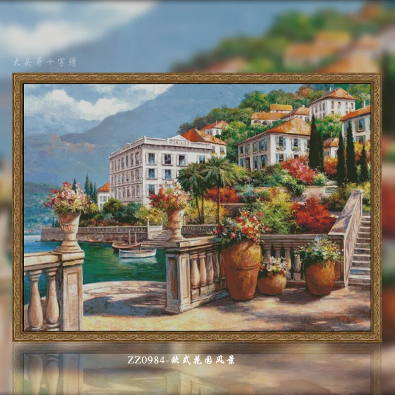 [ZZ0984-European Garden Landscape] DIY Cross Stitch Needlework Kit 14CT 16CT, Preprinted Fabric, Cotton Thread Set
