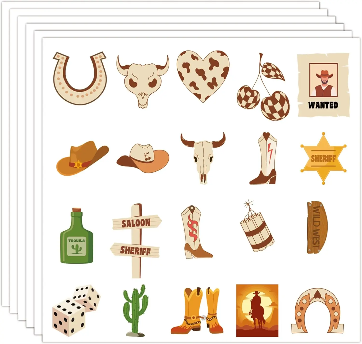 

600pcs Western Cowboy Stickers, 20 Designs Cowboy Hat Boots Cactus Decorative Decals for Kids Cowboy Lover Self-Adhesive Sticker