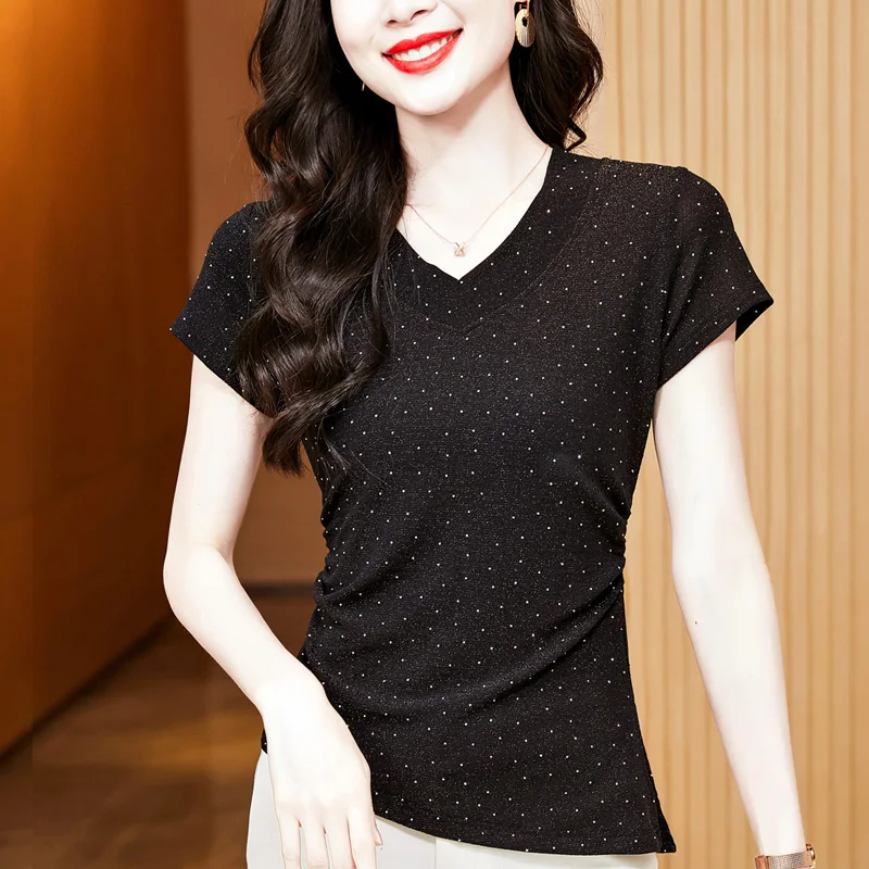 M-3XL الصيف قصيرة الأكمام الخامس الرقبة المرأة تي شيرت موضة عادية الساخن الماس بلون شبكة القمم الملابس السوداء #1