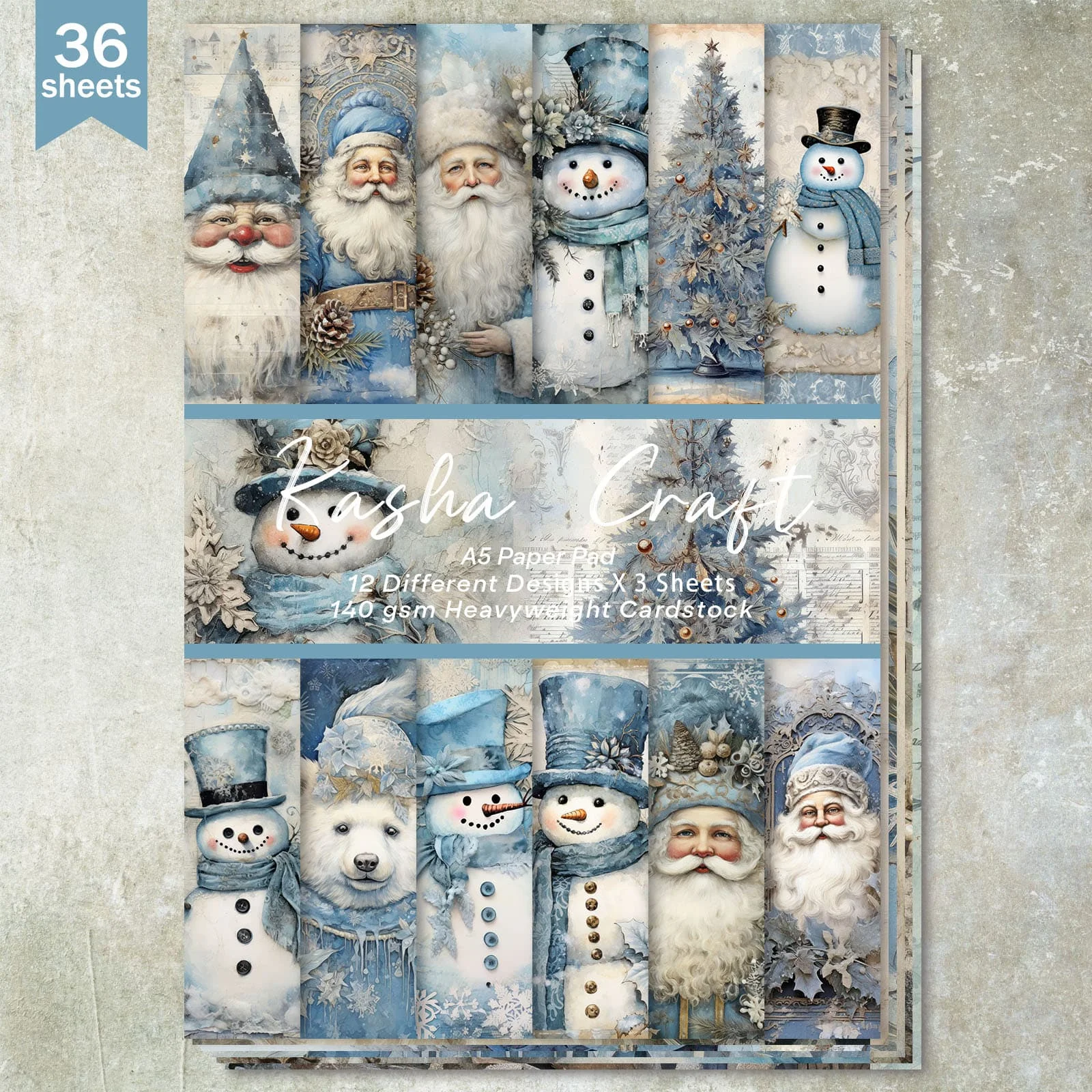 36 Sheets A5 (Blue Santa Snowman Dwarf Background) Clipping Thin Paper For Bullet Diary, Junk Magazine, Greeting Card Backg