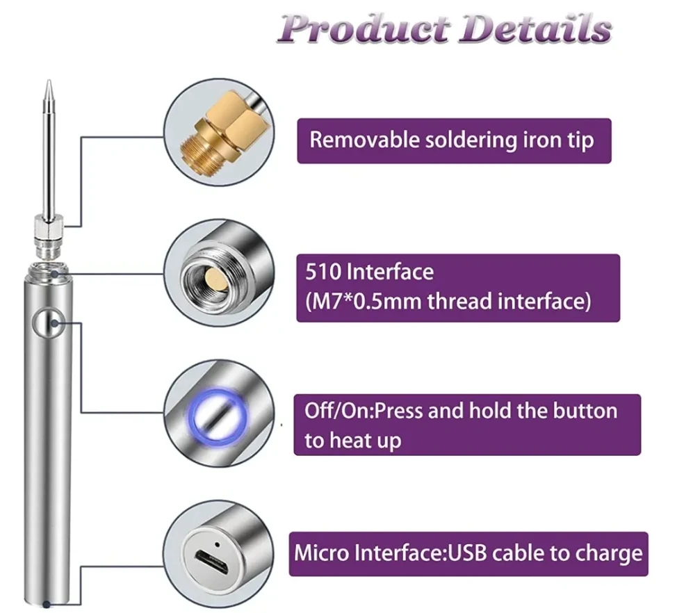 Portable USB Cordless Soldering Iron Tool Pen 5V 8W Electric Powered 3 Tip Kit Rechargeable and Temperature Adjustmen