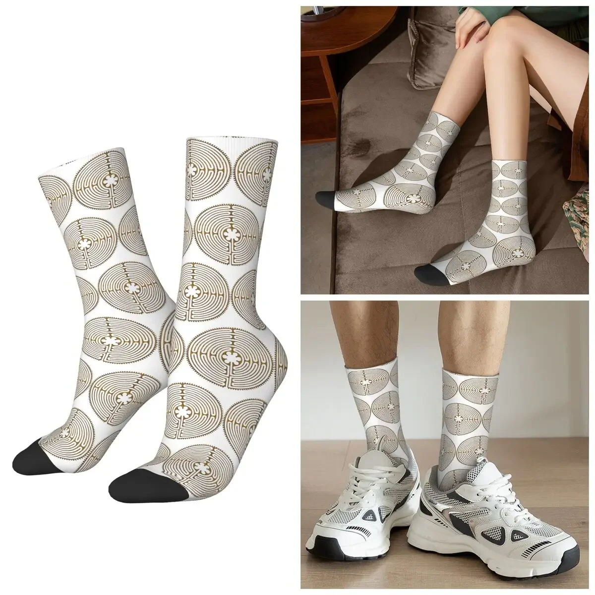 

All Seasons Symbol Chartres Labyrinth Metal Gold Antique Style Socks Harajuku Sport Middle Tube Socks Casual Stockings