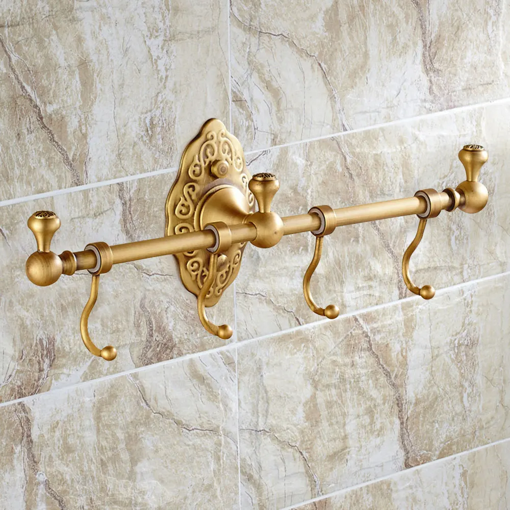 4 Hooks Brass Vintage Bathroom Towel Storage Shelf Wall-Mounted Rack with Towel Bar Holder