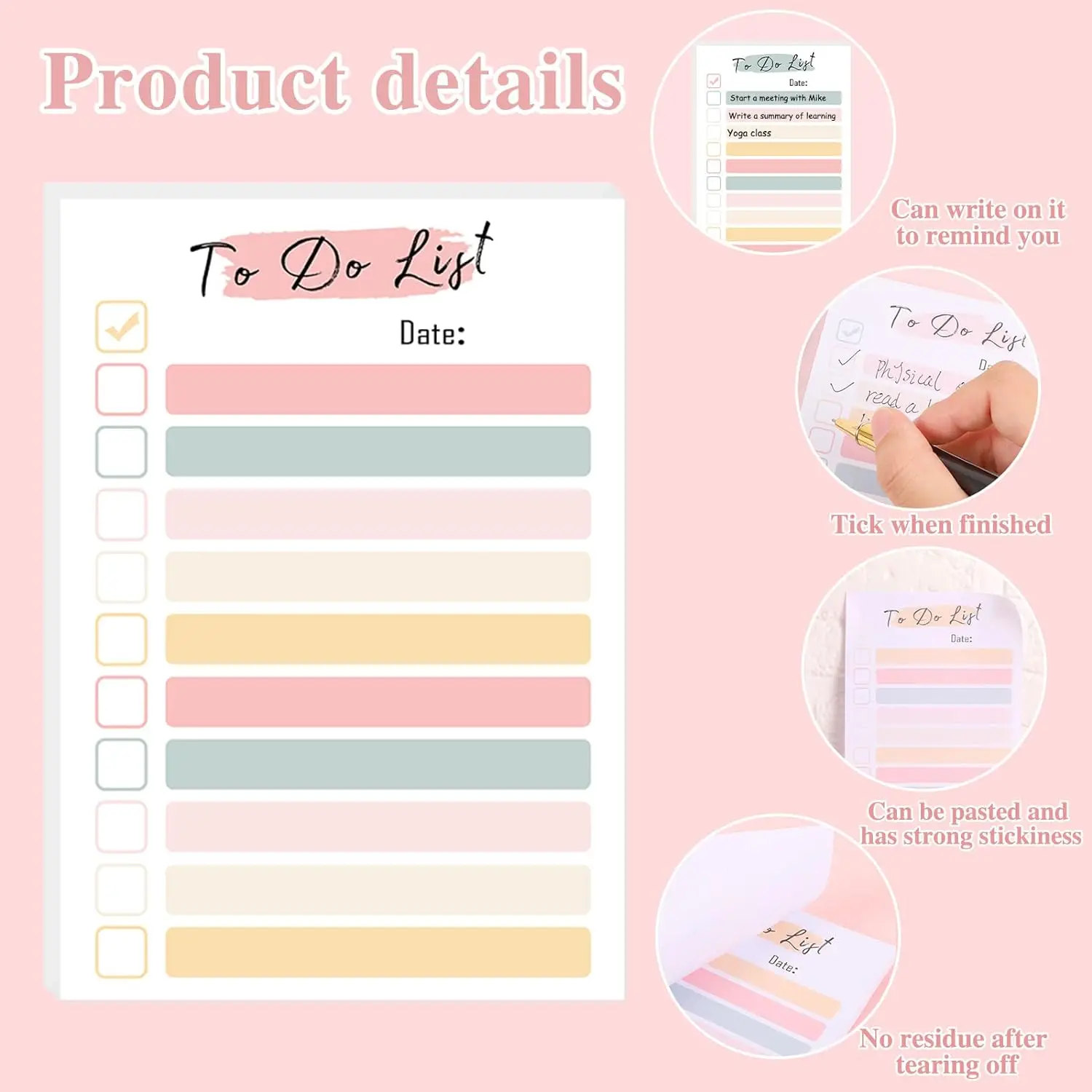 50 Sheets To Do List Notepad color To Do List Sticky Notes Adhesive Memo Pad Portable Daily Planner Grocery check List Notepad