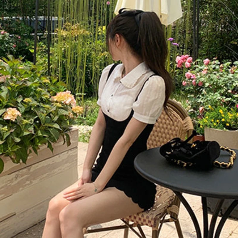 Short Sleeve Mini Dress Women Bow Patchwork Cute Preppy Korean Fashion Style Students Harajuku Tender Girls Summer Fake 2 Pcs