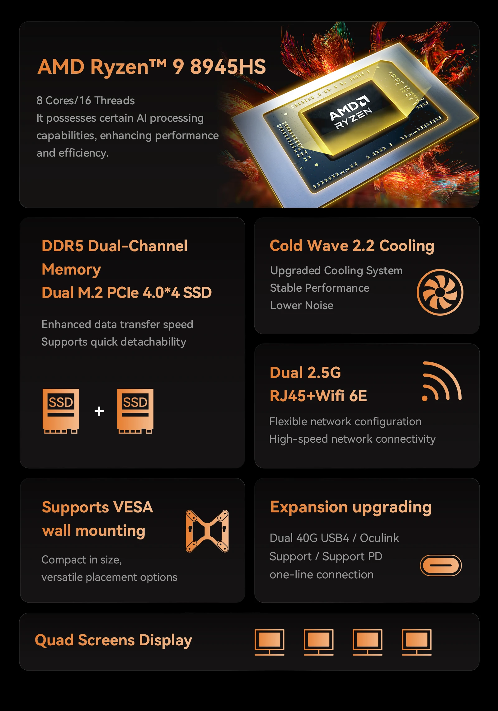 MINISFORUM Oculink 미니 PC 게이머 컴퓨터, UM890 UM880 Pro Ryzen 9 8945HS Ryzen 7 8845HS 미니 PC DDR5 32GB 1TB PCIe SSD 2*2.5G