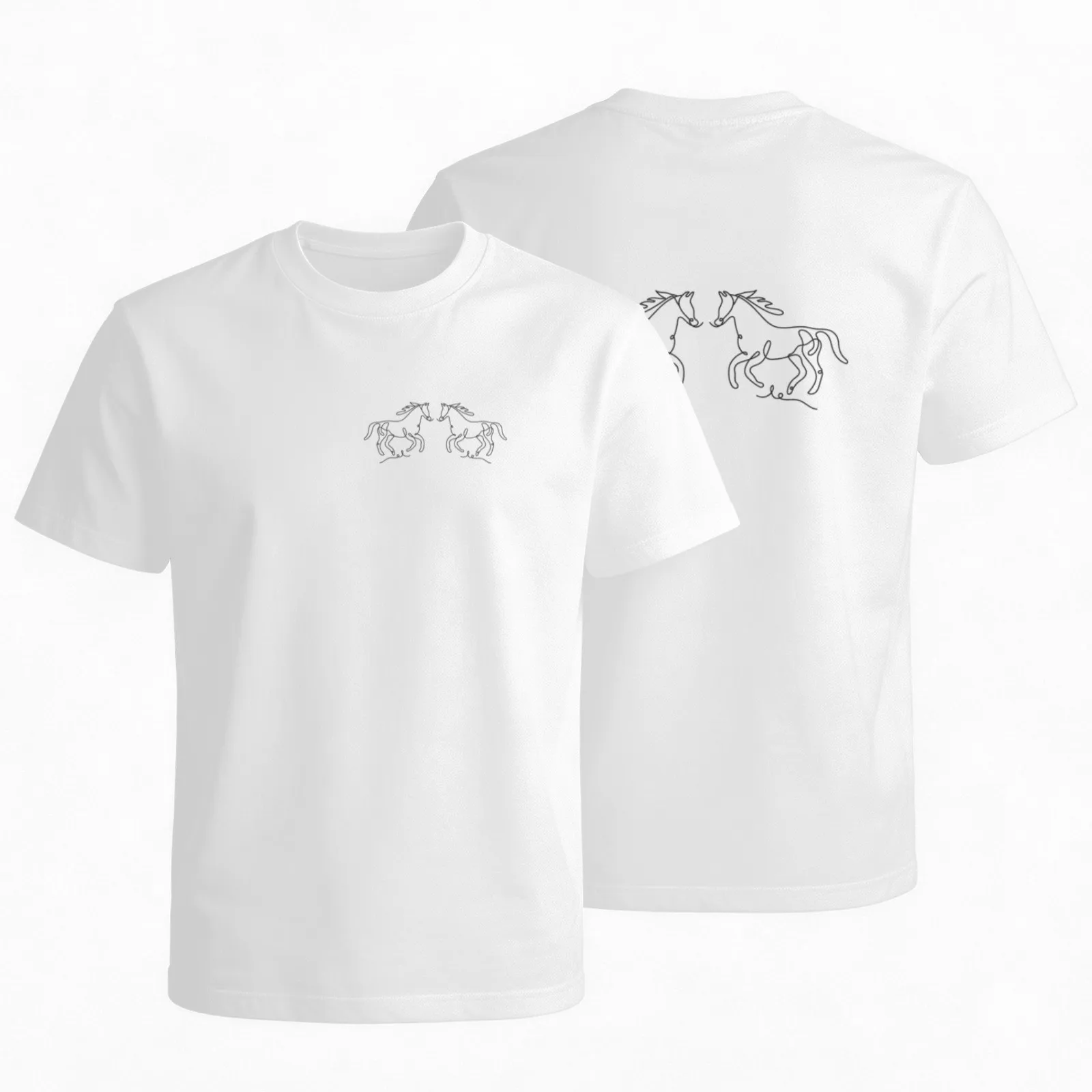 Abstract Line Art Horses Graphic Tee Breathable Cotton Round Neck Casual T-Shirt for Daily Wear Double Sides Printed