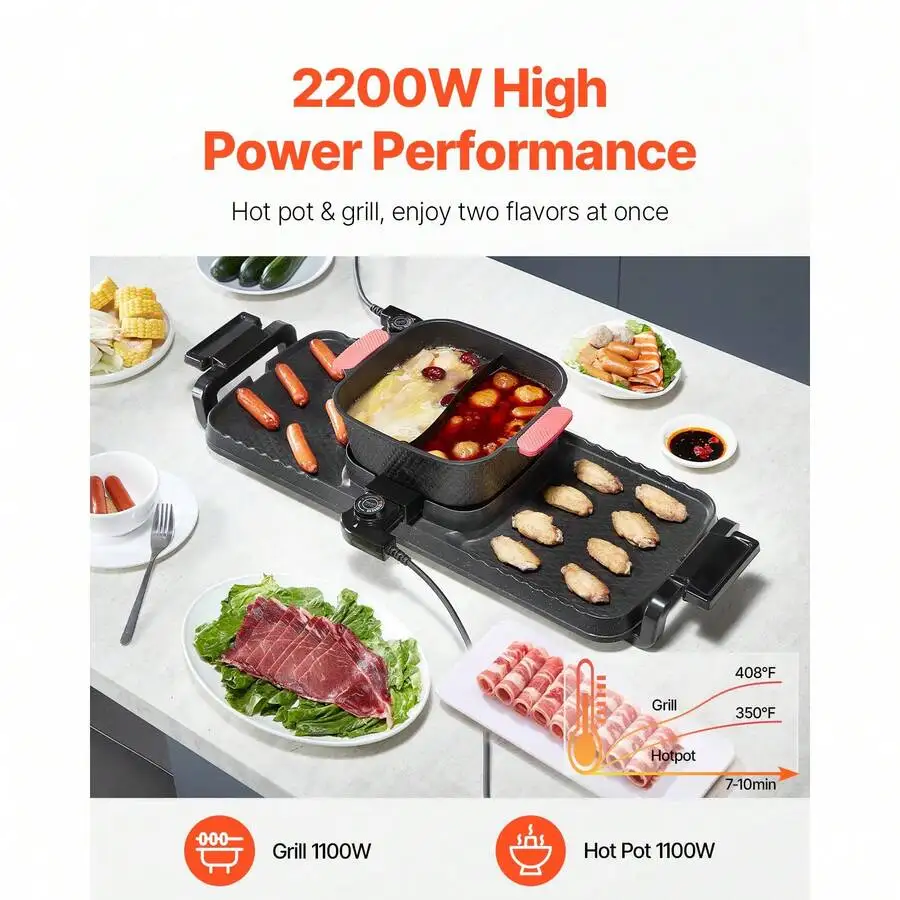 Hot Pot With Grill, 2300W 2-In-1 Electric Smokeless Grill And Hot Pot, Removable Shabu-Shabu Hotpot With Non-Stick Pan, Separate