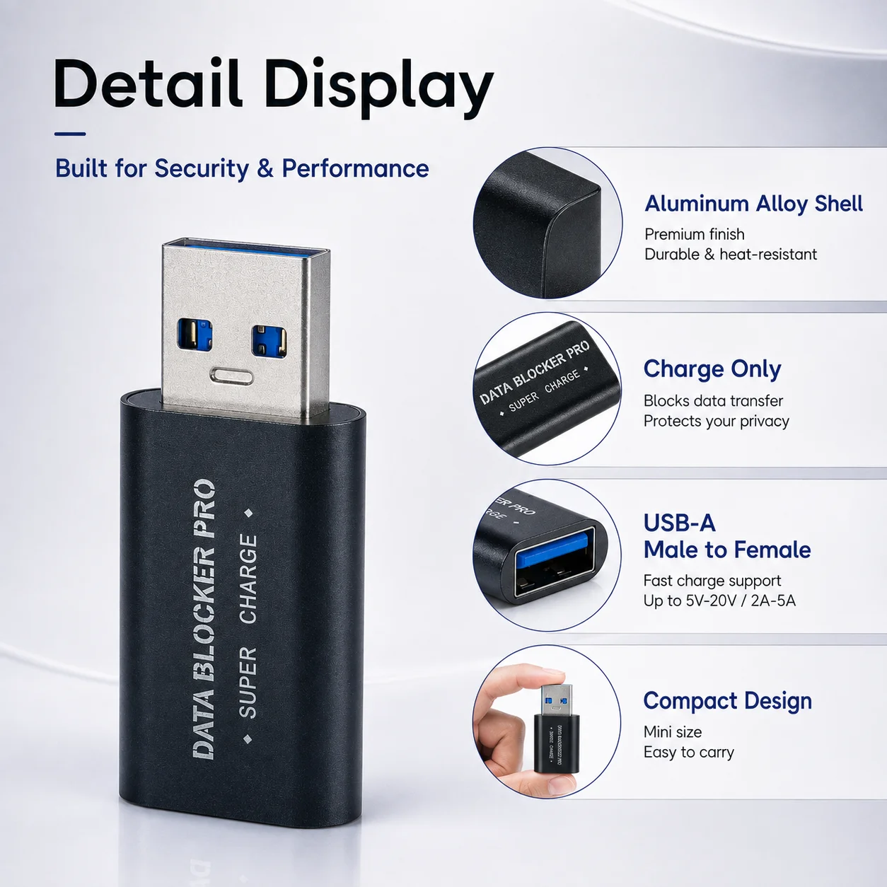 USB-A Data Blocker Charging Adapter Aluminum Alloy Fast Charge Privacy Protector No Data Transfer Anti Juice Jacking Adapter