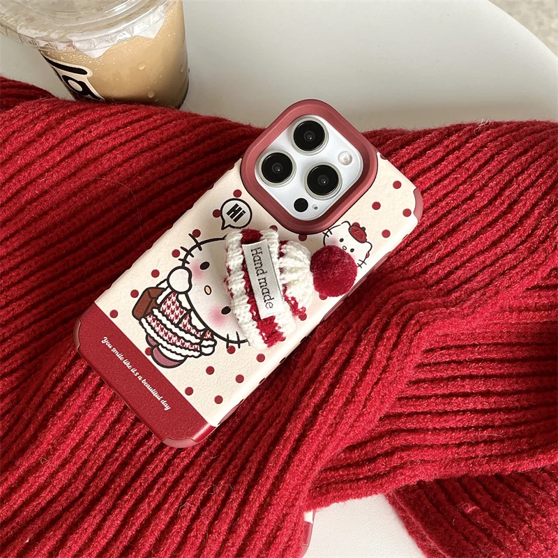 Cute Cartoon Wave Point Hello Kitty Wool Hat KT Phone Case For iPhone 13 14 15 16 Pro Max Sweater Thousand Bird Grid Kitty Shell