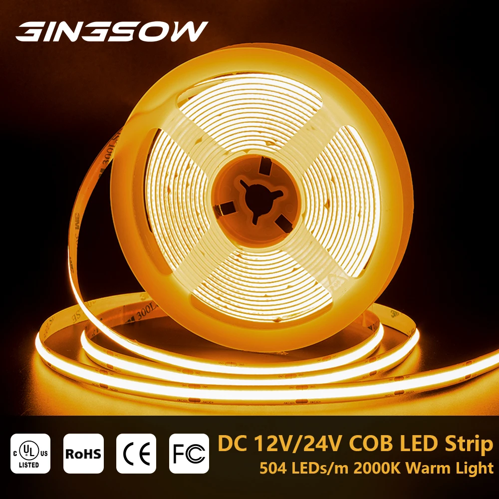 Gingsow 2000K COB LED Strip Light 504LEDs/M High Density Flexible DC 12V 24V Warm Light RA90 Tape Ribbon For Indoor Home Decor