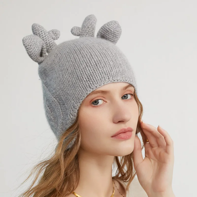 100% Pure Cashmere Beanie for Women Autumn Winter New Cute Ear Protection Warm Knitted Hat Elk Christmas Caps