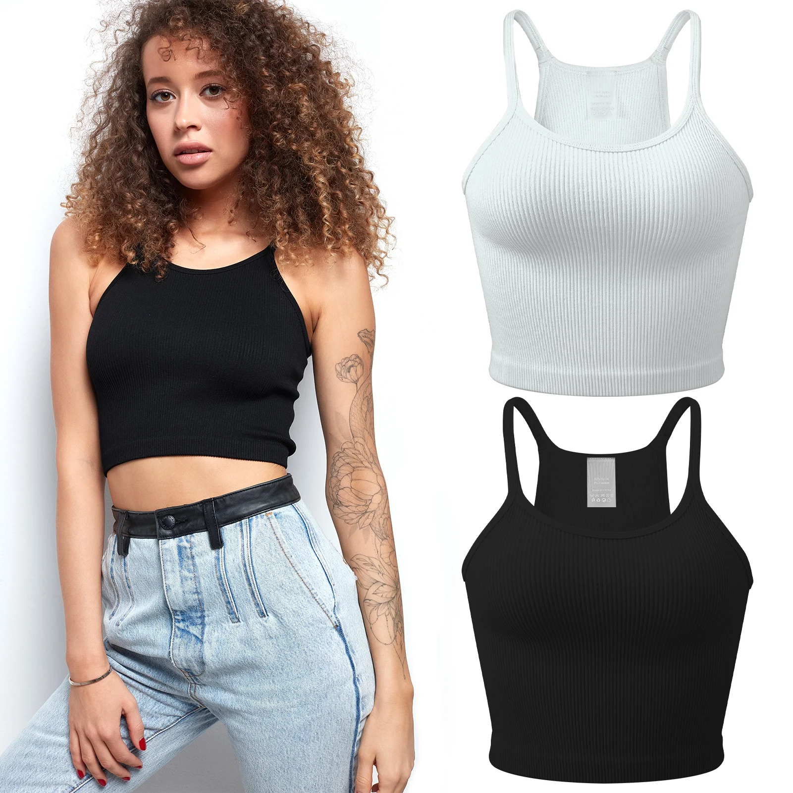 2PCS Women's Tank Tops Ribbed Seamless Breathable Workout Exercise Yoga Crop Tops For Ladies Black + White