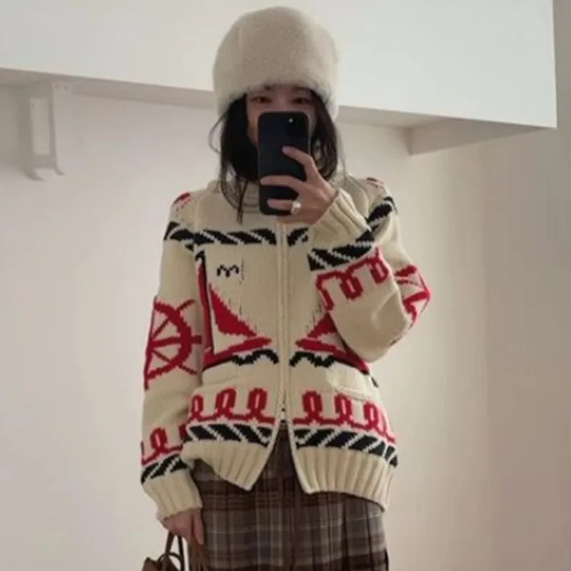 Sailboat Hit Color Jacquard 2025 Woman Sweater Loose Zipper Outerwears Knitted Ropa Mujer Autumn Winter Pullovers Warm Sueter