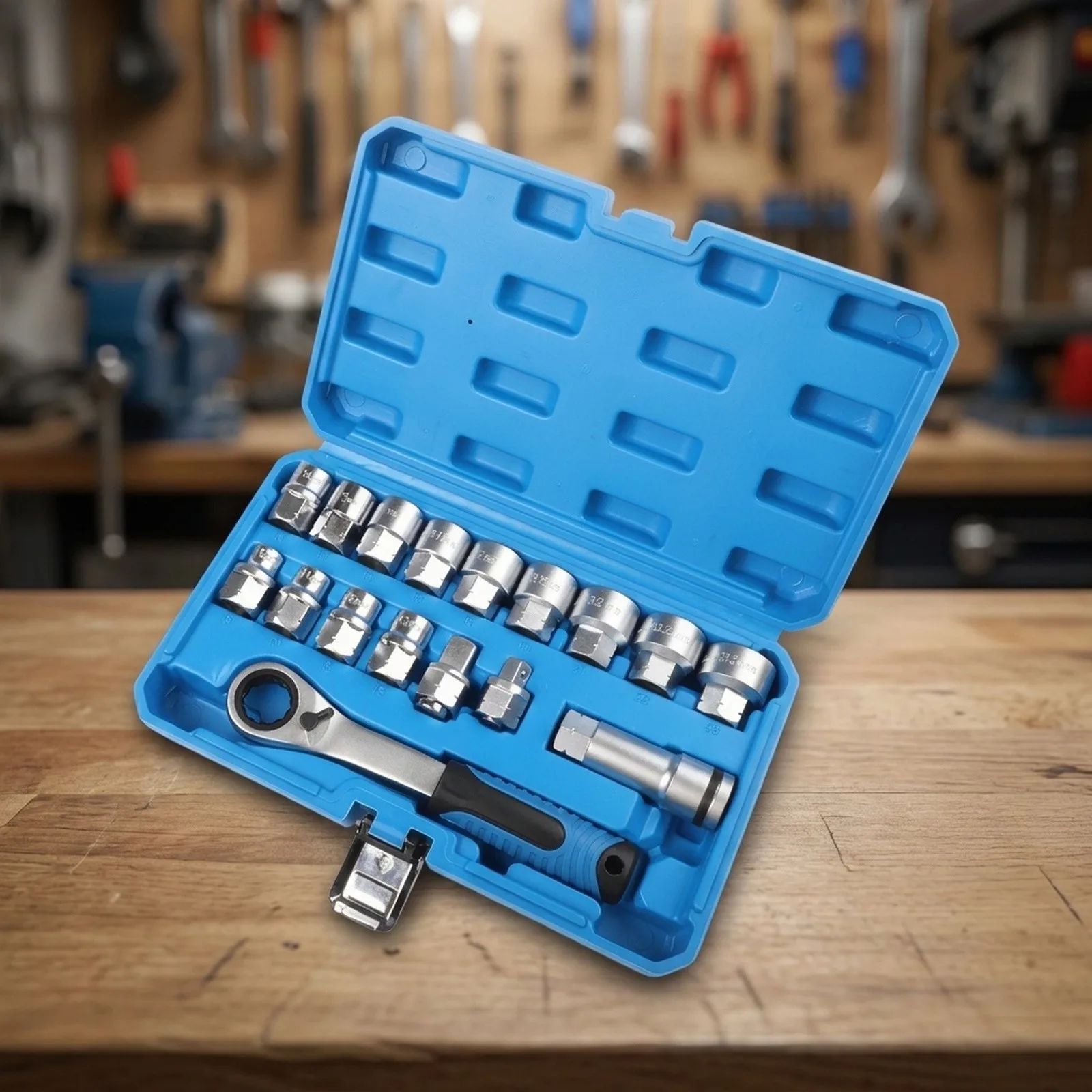 Socket Wrench Kit 17 Piece with Hollow Through Design 12 Point Sockets and Chromium Vanadium Construction for CRV Applications
