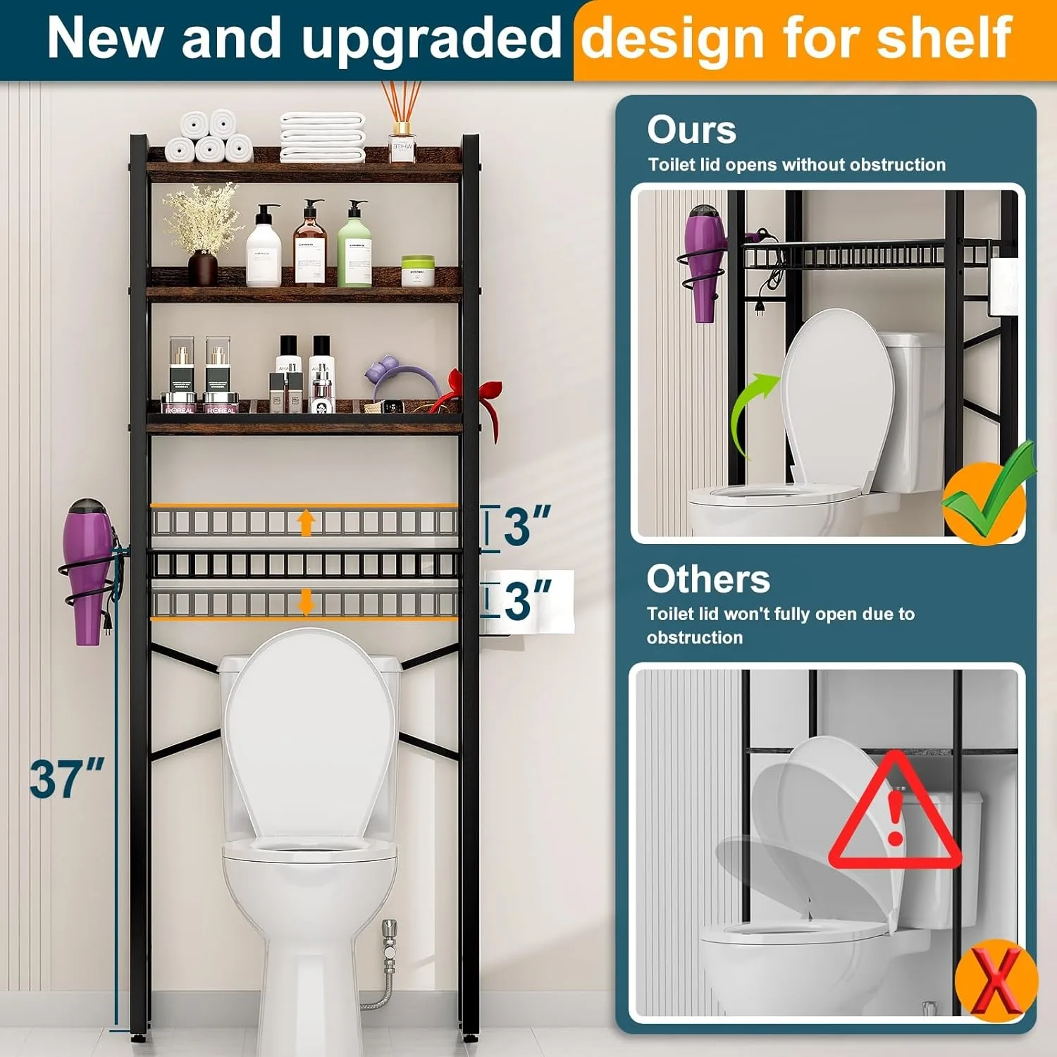 Over The Toilet Storage Cabinet,4 Tier Bathroom Organizers and Storage With Adjustable Shelf Waterproof Feet Pad and Basket