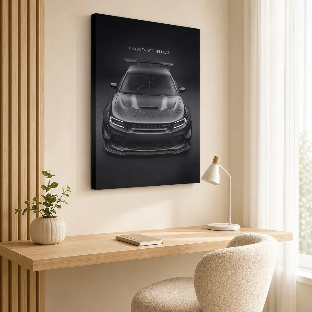 Sleek black Sports Charger SRT Hellcat Widebody Canvas Painting Poster Custom Photo Modern Aesthetic Wall Art for Office Decor
